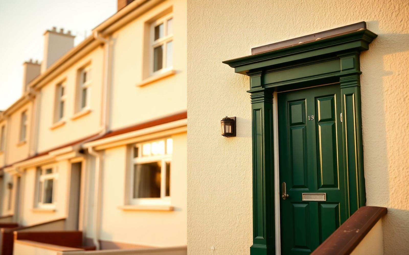 A row of Irish coastal townhouses at golden hour